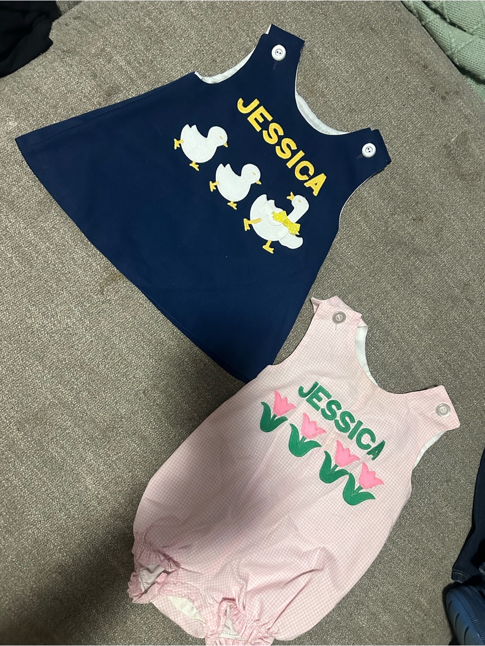 Personalized Baby Dress & Romper Set with Jessica Name - Navy & Pink EmbroidereD